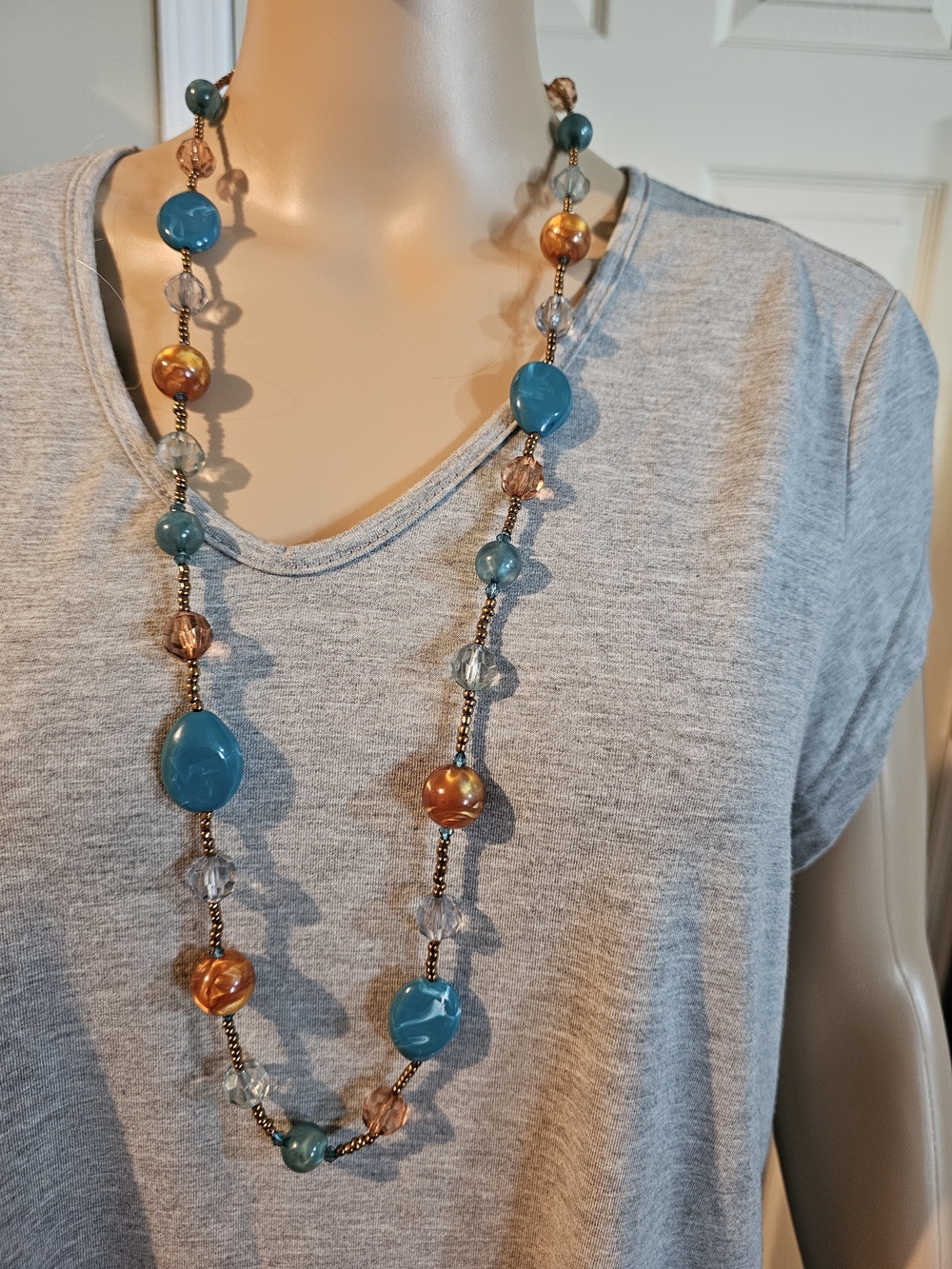 Long Teal and Amber Beaded Necklace - Unbranded